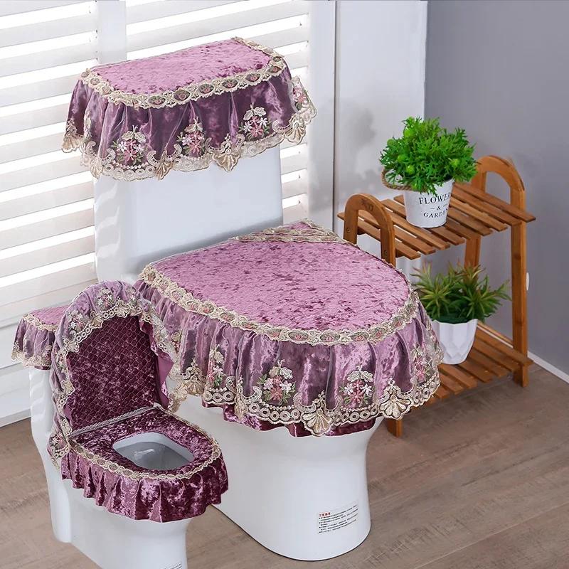 3PCS Velvet Skirt Style Toilet Mat Embroidered Lace Decorated Toilet Seat Mat Printed Dust Cover of Toilet Closestool