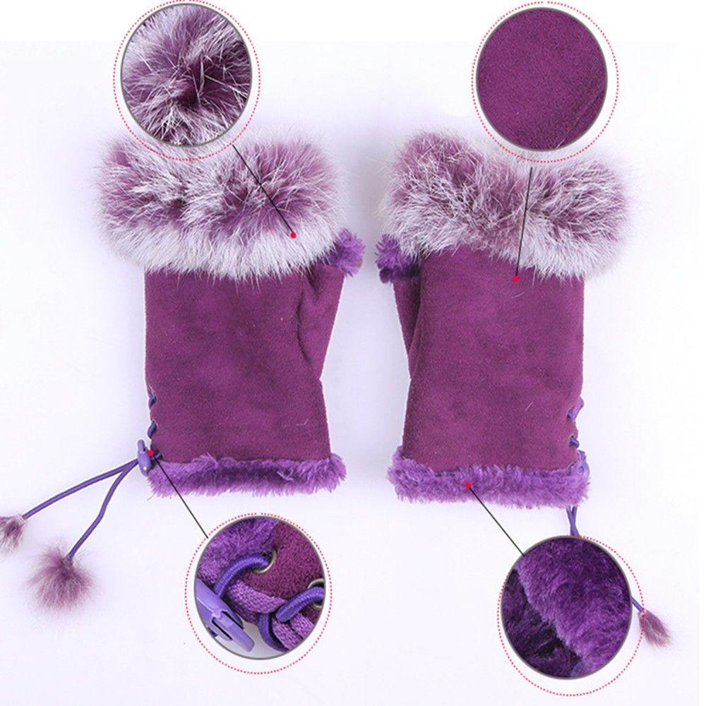 Hand Girls Mitten Trim Color Wrist Warm Fashion Soft Rabbit Fur Fingerless Women Gloves