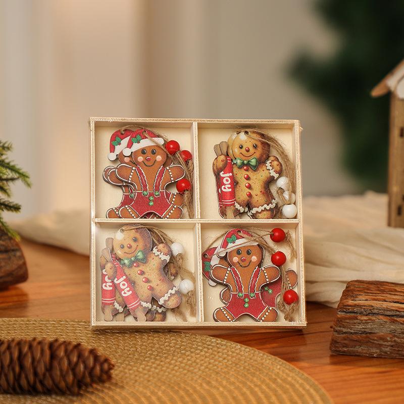 Christmas decorations wooden box 12pcs wooden Santa pendant gingerbread man decoration Christmas gift
