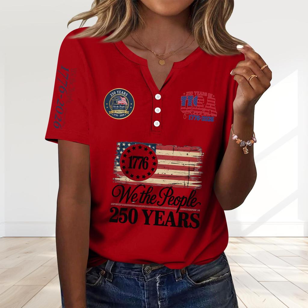Women's Fashion Casual 250th Anniversary Independence Day Print V-Neck Short Sleeve Decorated Button-Up T-Shirt