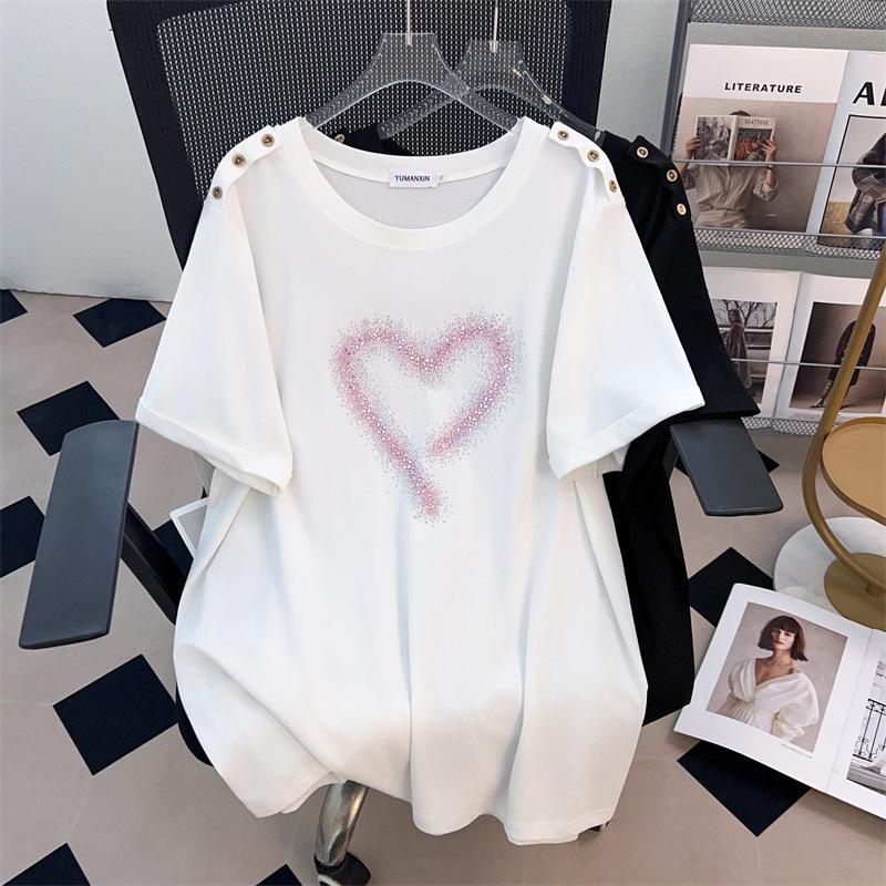 Women Plus Size Mid-Length Short Sleeve T-Shirt Round Neck Heart Rhinestone Decor Loose Casual Summer Tops