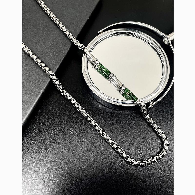 Stainless Steel Geometric Necklace For Men With Green Bamboo Beads Handmade Vintage Style