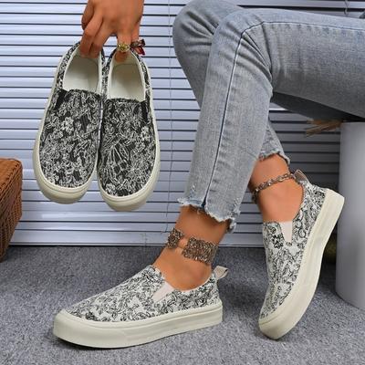 Sapatilhas de Lona Estampadas de Largura Larga para Mulheres - Sapatos Casuais Respiráveis com Sola Macia para o Verão, Sapatilhas Planas Fashion