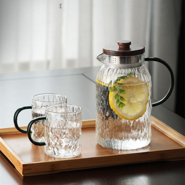 Japanese Style Glass Cold Water Kettle Wooden Cover Bark Pattern Glass Juice Drink Kettle Set Large Capacity Cooling Boiled Water Kettle
