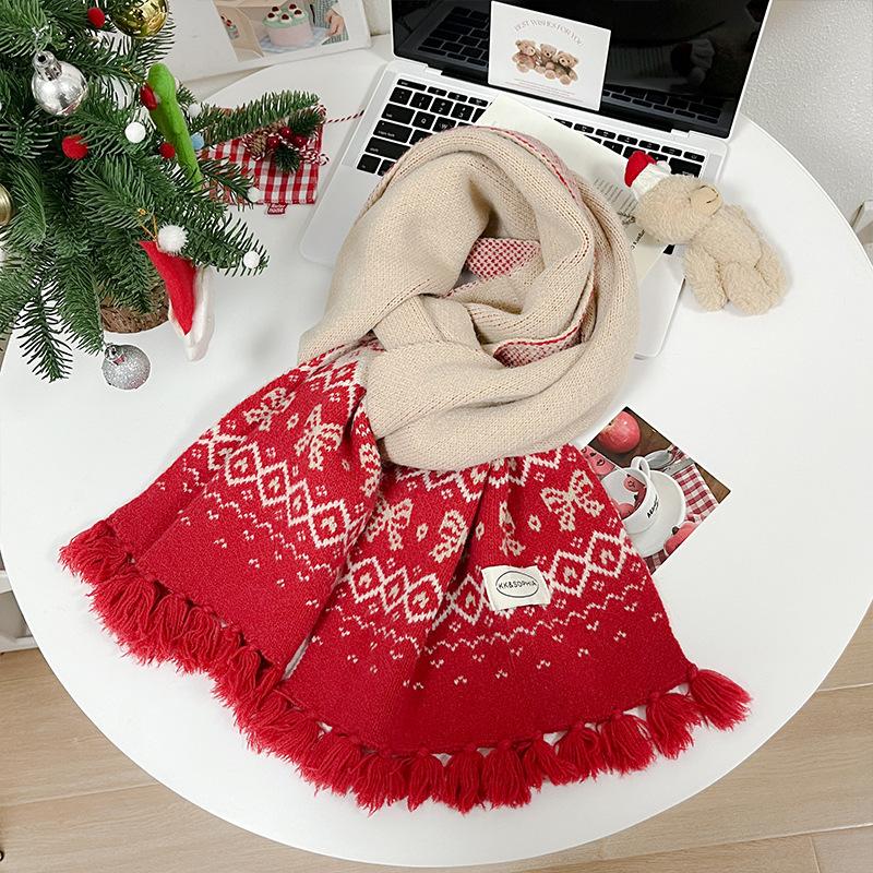 Imitation cashmere red bow scarf women's knitted autumn and winter Korean high-end feeling warm and thickened versatile scarf tide