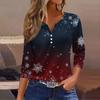 Women's Fashion Casual Christmas Tree Print V-Neck Decorative Button Three-Quarter Sleeve T-Shirt Top