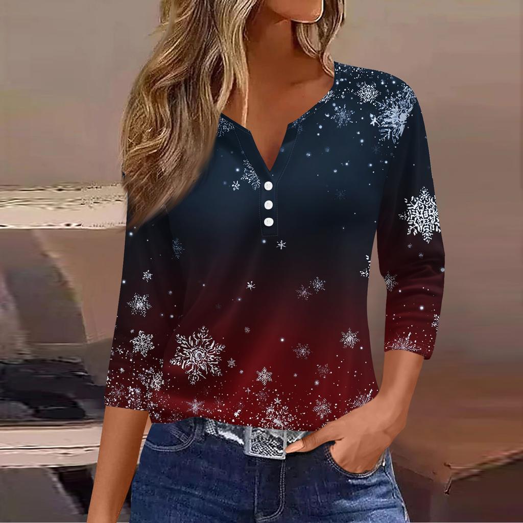 Women's Fashion Casual Christmas Tree Print V-Neck Decorative Button Three-Quarter Sleeve T-Shirt Top