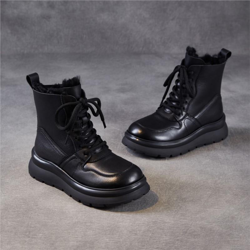 Johnature Genuine Leather Women's Shoes Leisure Thick Soled And Plush Warm Wool Lace-up Short Boots