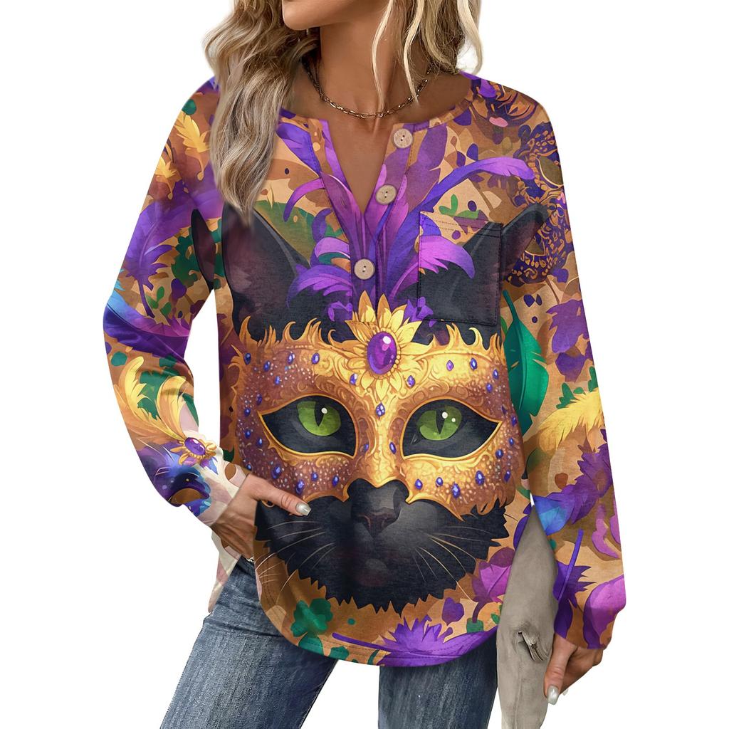 Women's Carnival Printed Fashion Long Sleeve Button Hoodie Top