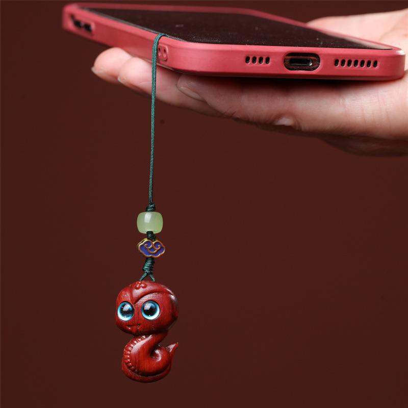 Red Sandalwood Snake Pendant with Green Sandalwood Zodiac Animal Design - Handcrafted Accessories