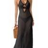 V-neck Fitted Backless Knitted Dress with Neck Strap Decoration and Open Side Slit Full-skirted Beach Dress for Women