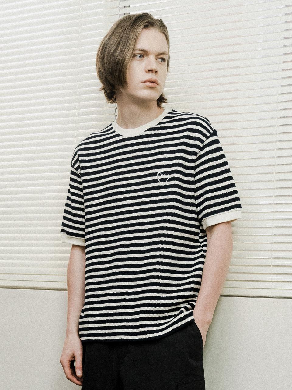 Custom Us Yarn-Dyed Stripe Heart Logo Embroidery Round Neck Short Sleeve T-Shirt Cxs24Mkrt414 Nav Navy/M