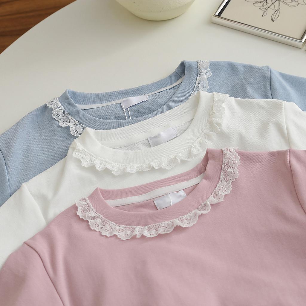 Girls Summer Lace Ruffle Peter Pan Collar Short Sleeve T Shirt Casual Top
