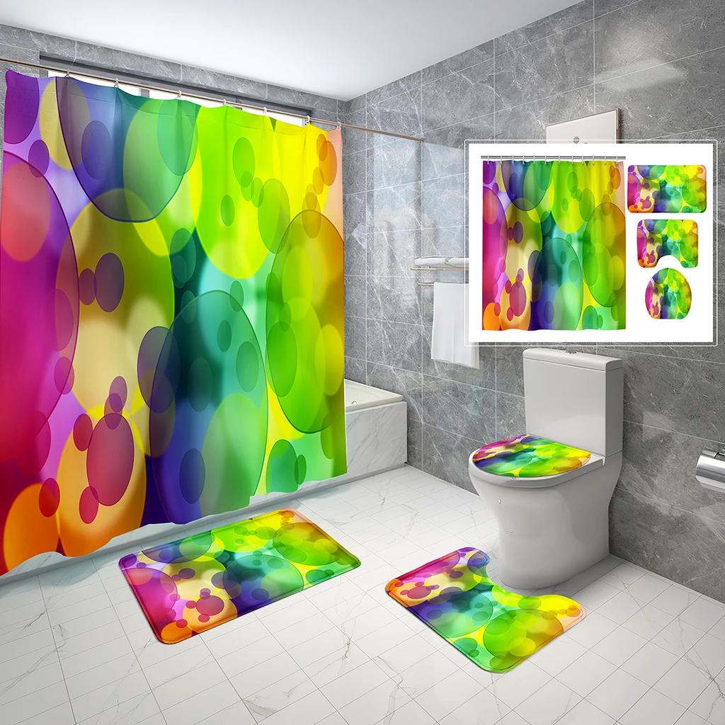 4 Sets Circles Geometry Shower Curtain Sets With Non-Slip Bath Mat,Toilet Lid Cover And Warm Color Pattern Shower Curtain Sets