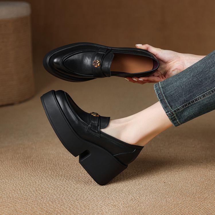 High-heeled leather platform loafers women's 2025 spring and autumn new pointed camellia slope heel cowhide single shoes waterproof table