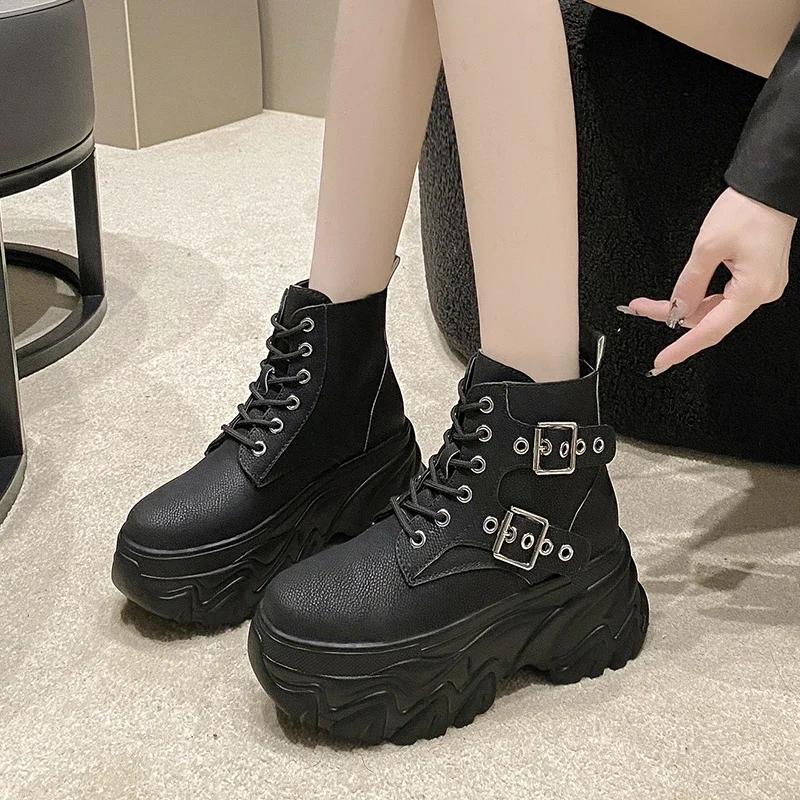 fashion Women's High Platform Motorcycles Boots Autumn Winter 8CM Heels Ankle Combat Boots New Chunky Leather Sneakers Buckle Punk Boots