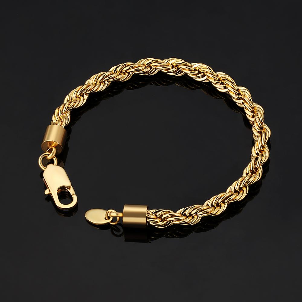 USA 6mm 18k Gold Plated Twist Rope Chain Tarnish Free Jewelry Stainless Steel Chunky Thick Twisted Rope Bracelet for Men Women