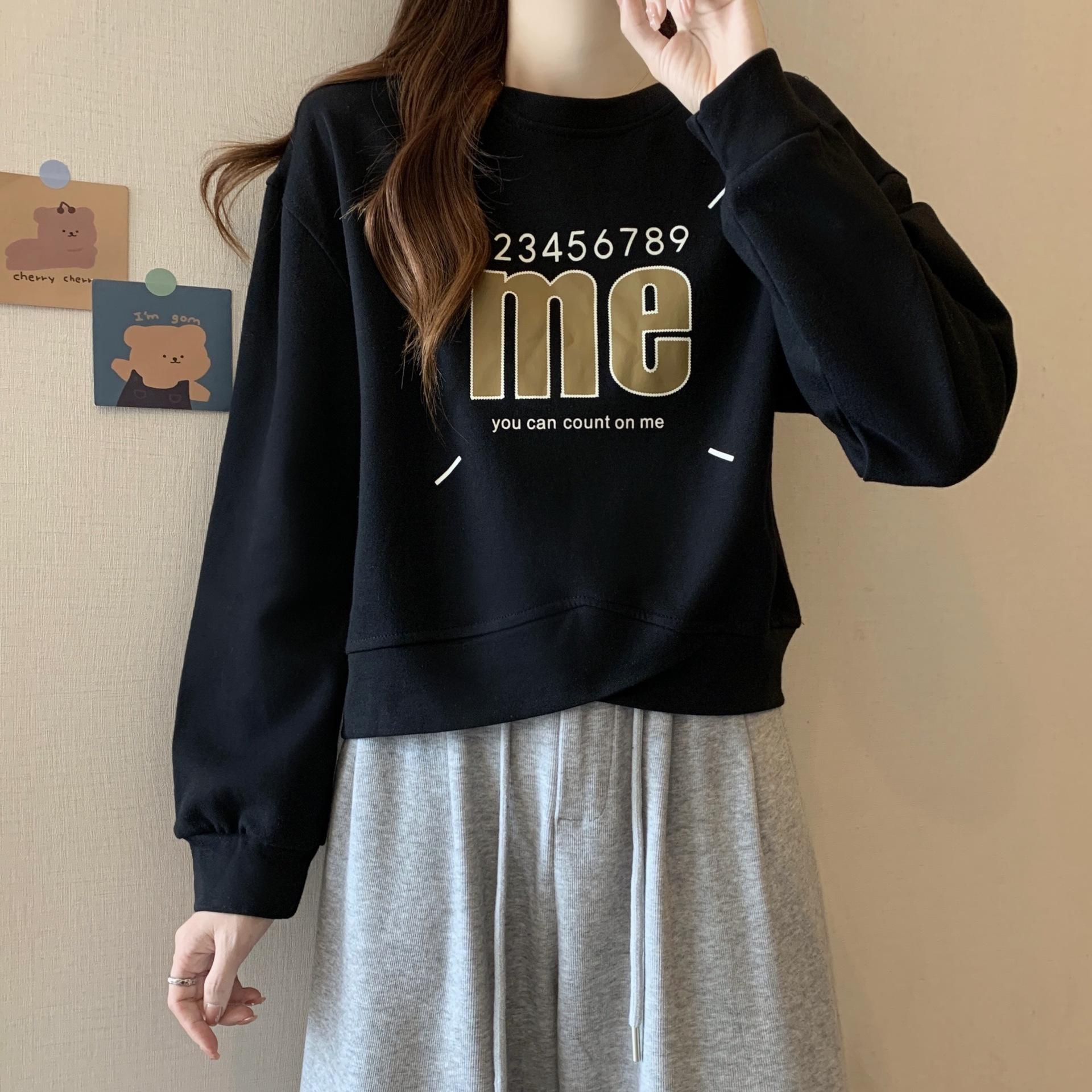 

Большой американский принт, пуловер с круглым вырезом - Оверсайз, с длинным рукавом, повседневный универсальный укороченный топ L (110-130 jin) чёрный