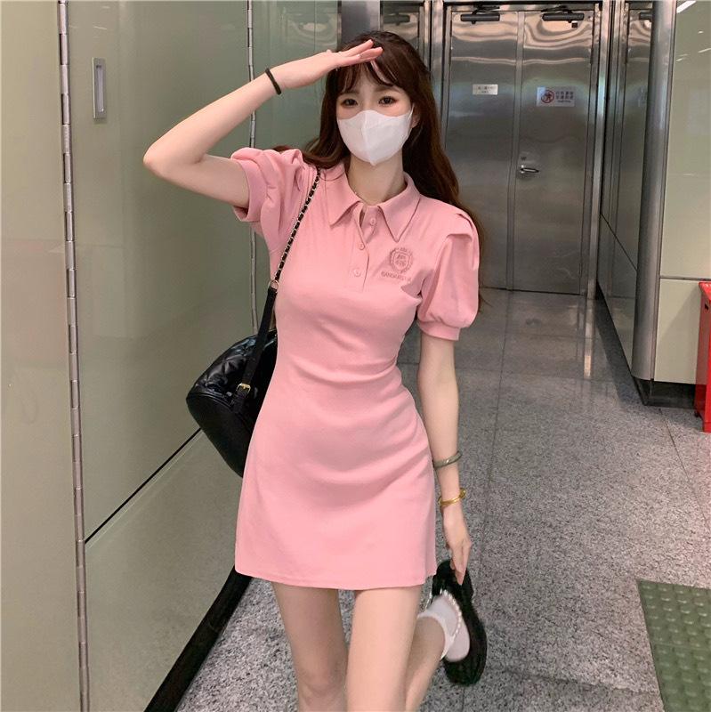 New pure desire style Polo collar slim dress women s summer sweet babes sexy waist slim short sleeve skirt tide S