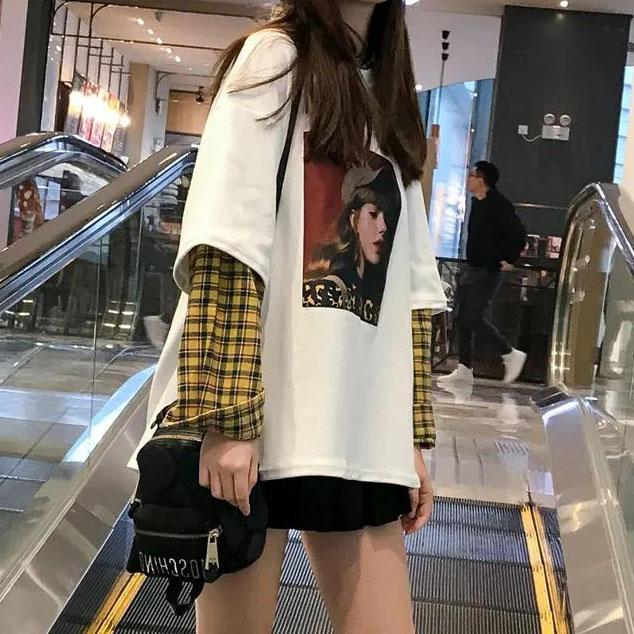 

Искусственные топы из двух частей, женский весенне-осенний тонкий свитер с длинными рукавами, большой размер, свободный пуловер в клетку с принтом S белый