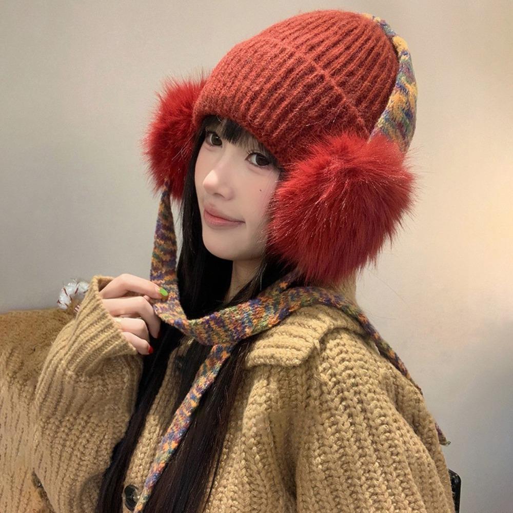 Knit Ear Flap Beanie Cuffed Cuffed Winter Hat Retro Ear Flap Hat For Women