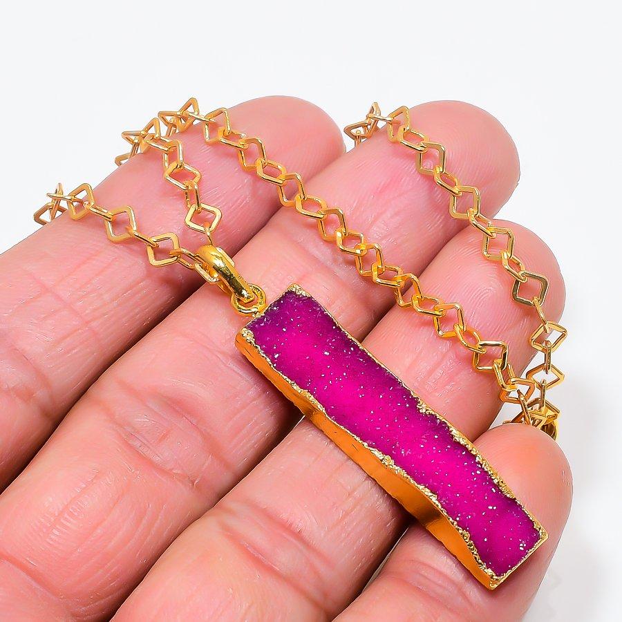 Roze Hemimorfiet Druzy Edelsteen 925 Sterling Zilver Sieraden Ketting 20" KJ-649