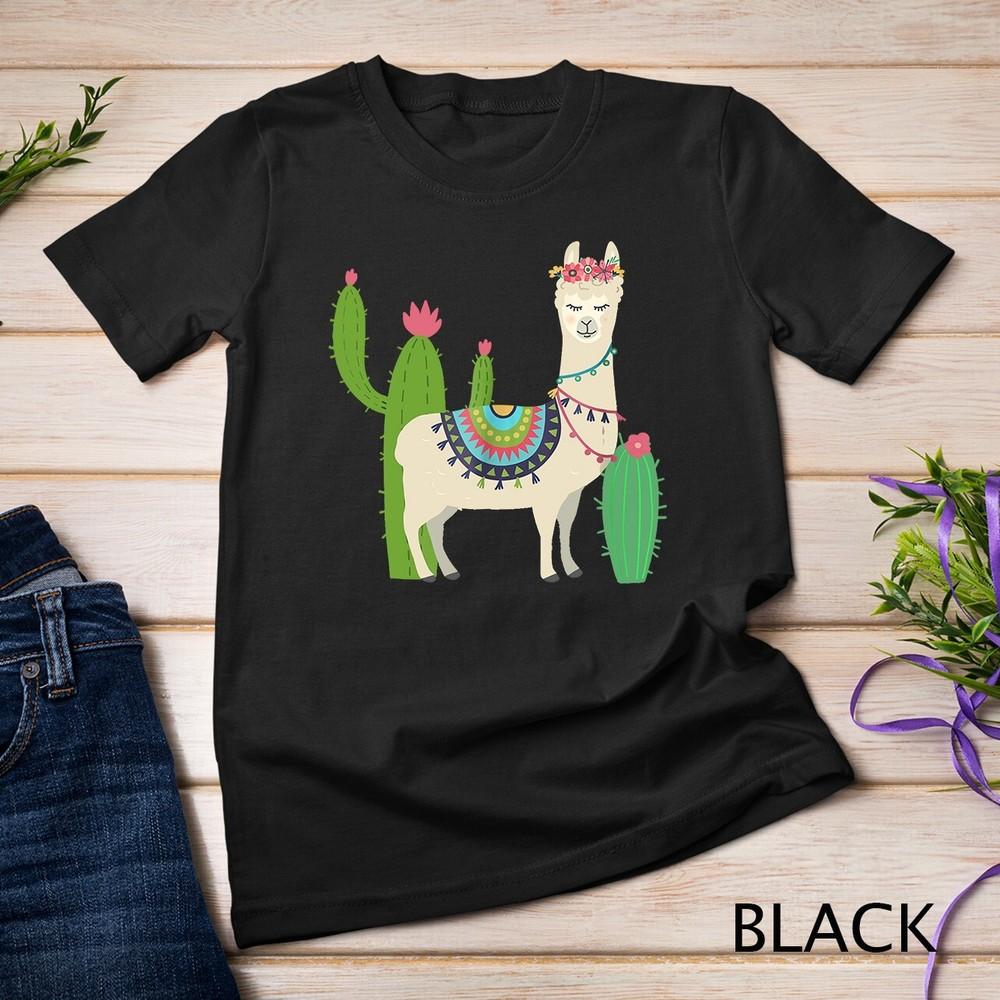 Cute Llama With Flower and Cactus - Llama Lover Gift Unisex T-shirt