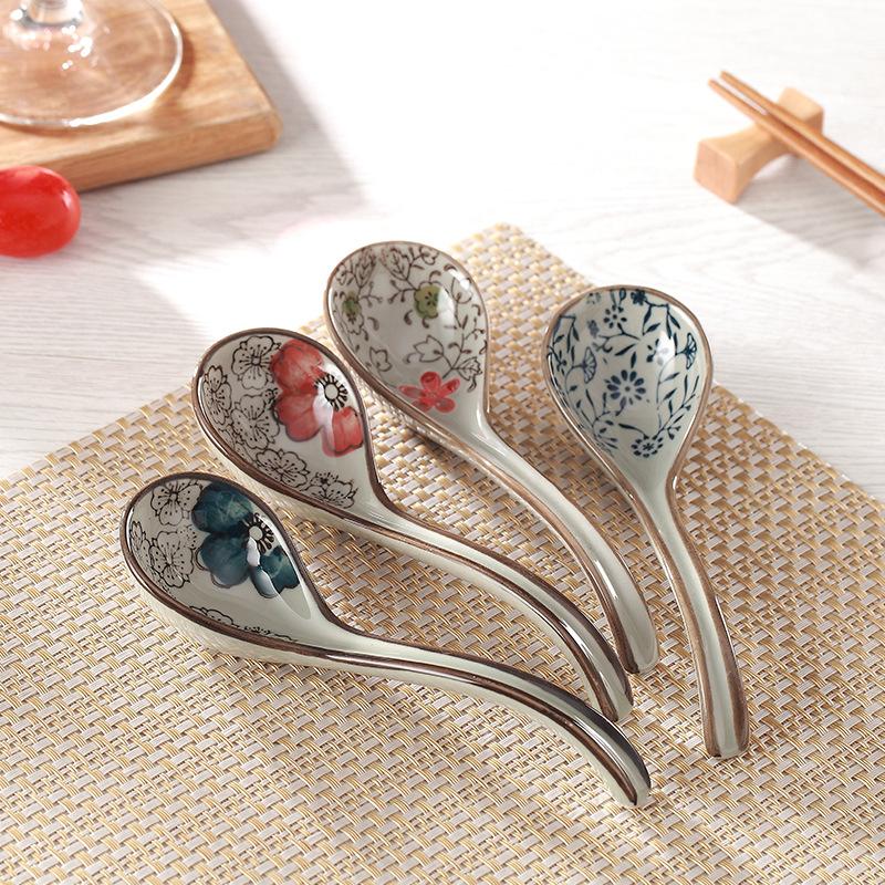 Soup Spoons Japanese Ceramic Kitchen Tableware Long-Handled Spoon Creative Retro Flower Print  Household Tableware Set Spoon