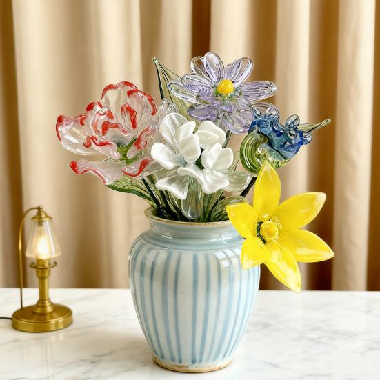 Ručně foukaná skleněná květinová dekorace s drátěným stonkem, ručně vyráběná figurka s barevnou glazurou, květinová váza, ozdoba do domácího obývacího pokoje, na kancelářský stůl