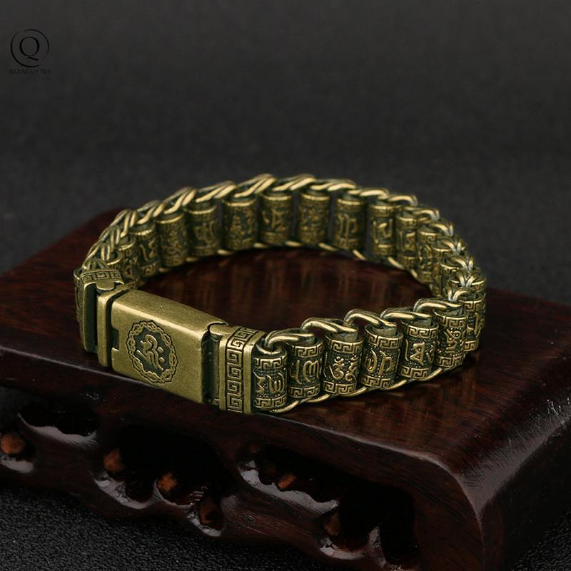

Brass Buddhist Scriptures Cuff Bangles Vintage Copper Buddhism Mantra Lucky Bracelets Women Men Hand Chain Jewelry Crafts 14MM&21CM