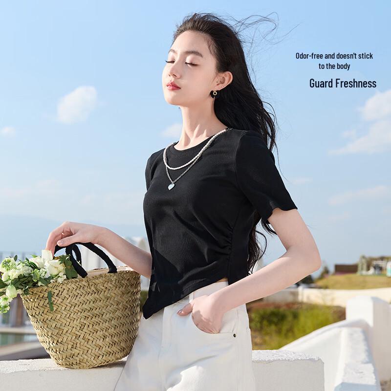 Xiangying Women's Irregular Slit Short Sleeve T-Shirt