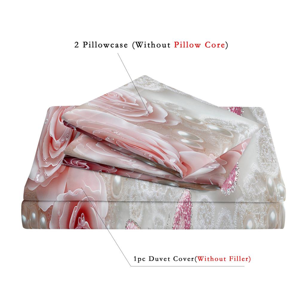 3pcs Set Valentine'S Day Romantic Pink Rose Pearl Butterfly High-Definition Printed Duvet Cover Luxurious And Romantic Bedding