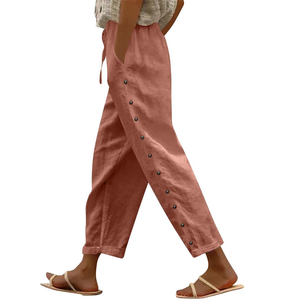 Kvinner Uformelt Stripe Print Side Button Up Trendy Bukser Baggy Elastisk midje Rette Ben Komfortbukser med lomme