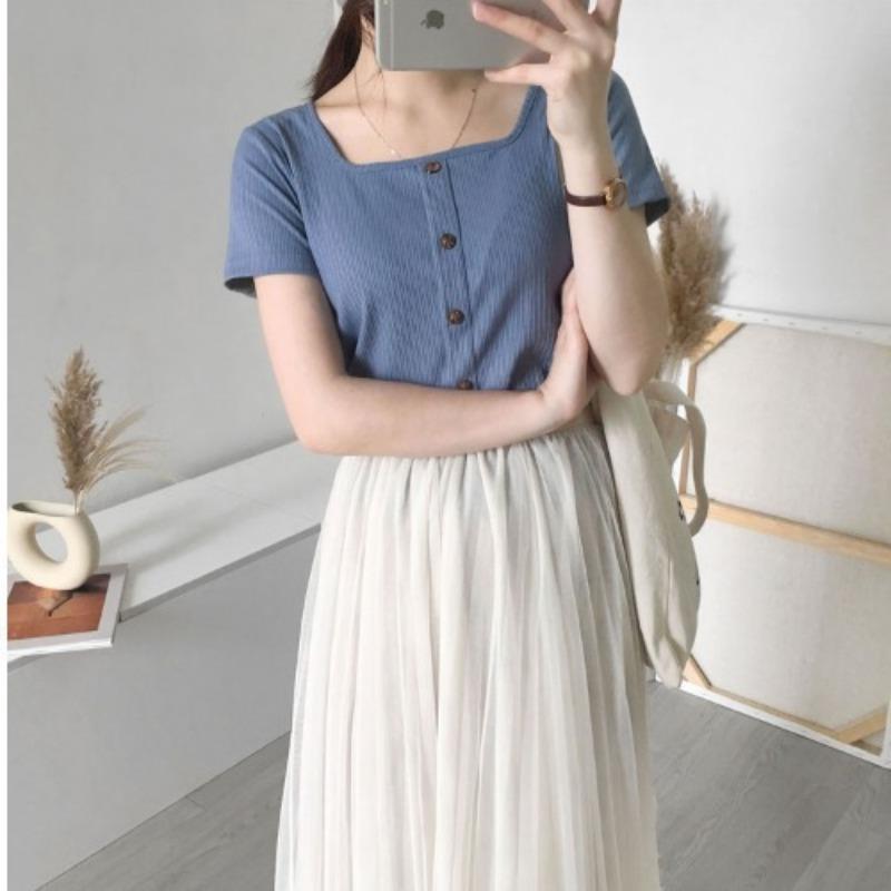 Retro Summer Slim Short Section Square Neck Knit Shirt Short-sleeved T-shirt Female Yankee Heart Machine Exposed Collarbone Tops Casual Pullovers Tees