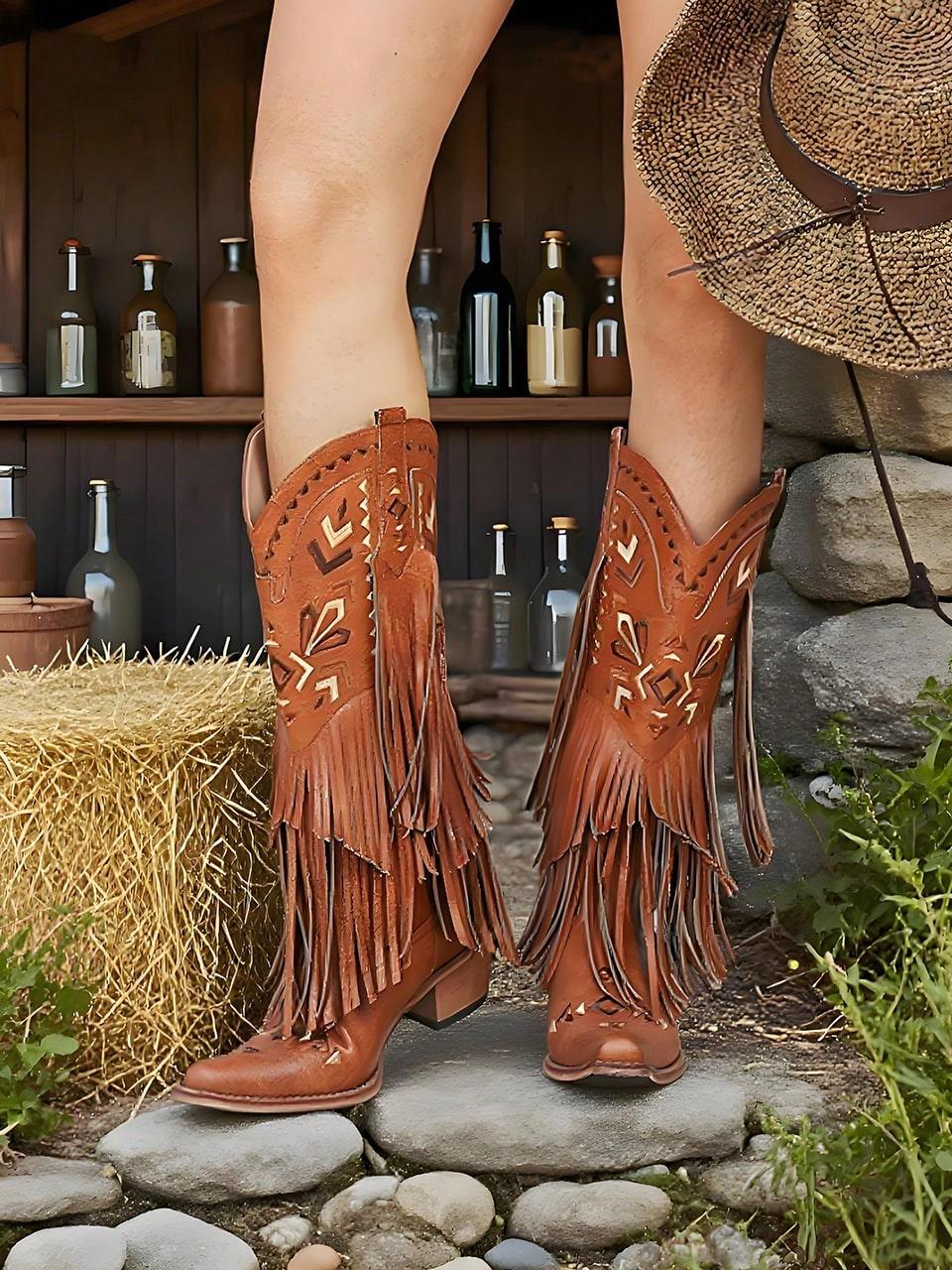 

Embroiderd Women Mid Calf Tassels Western Pointed Toe Chunky Heels Comfortable Fringe Retro Booties Shoes 39