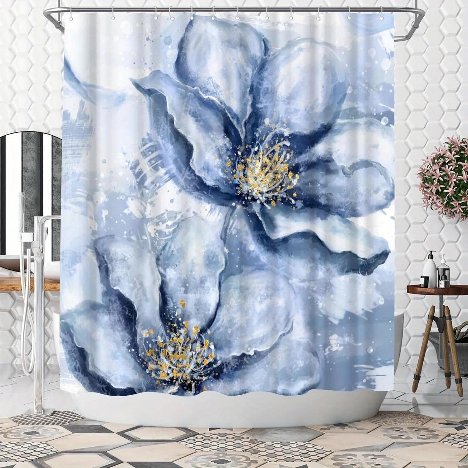 

1Pc Blue Floral Shower Curtain - Elegant Blue Flowers, Golden Accents, Polyester, 12 Hooks, Stylish Bath Decor W60H190(CM)-1 Pcs