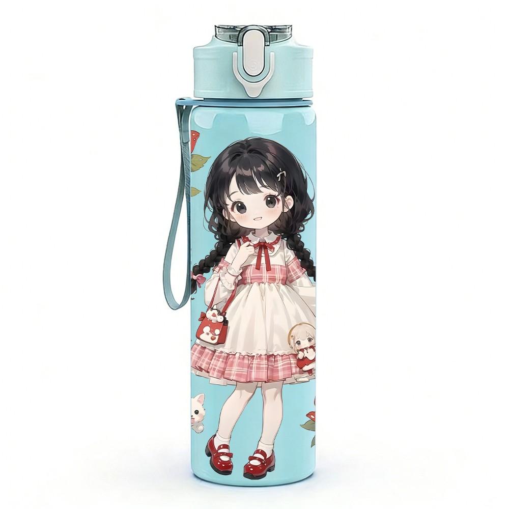 1PC White Dress Girl Red Flower Pattern 750ml Color Plastic Sports Water Bottle Leakproof Flip Straw Lid Suitable for Sports Office Home Use