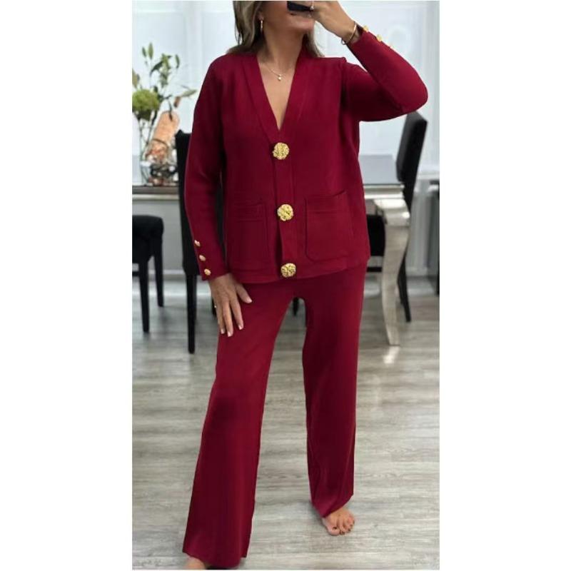 JKASHDK Women's Fashion Casual Spring Autumn Solid Color Print Long Sleeve V-Neck Trousers Pants Suits