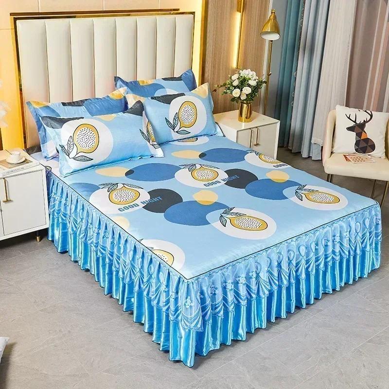 Korean Version Lace Solid Color Bed Skirt Three Piece Set, Skin Friendly Double-layer Bed Cover Non Slip Bed Cover Falda De Cama