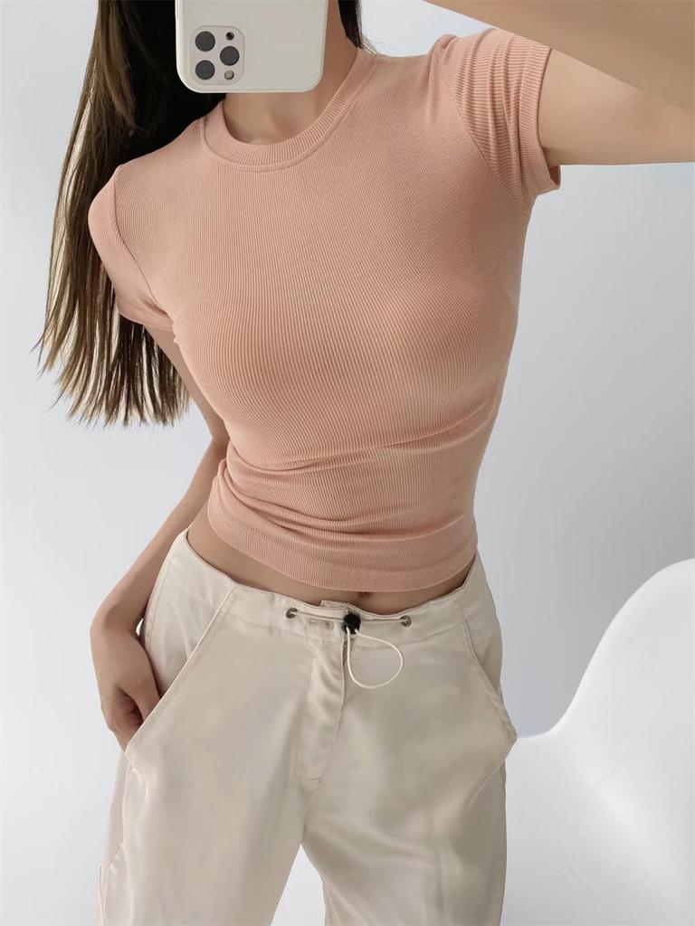 Trendy Women's Ribbed Slim Fit Short Sleeve T-Shirt with Sexy Round Neck and Straight Shoulders.