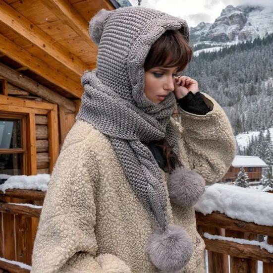 Vinter Varm Stickad Mössa Enfärgad Plyschbollsdekor Vriden Textur Ull Huva Halsduk Hatt Kallt Väder Huvudbonad