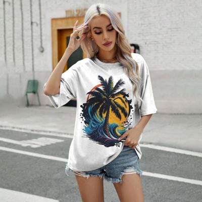 Damen Rundhals T-Shirt Mode Meereswelle Kokosnussbaum Muster Druck Sommer Freizeit Lose T-Shirt Einfaches Damen T-Shirt