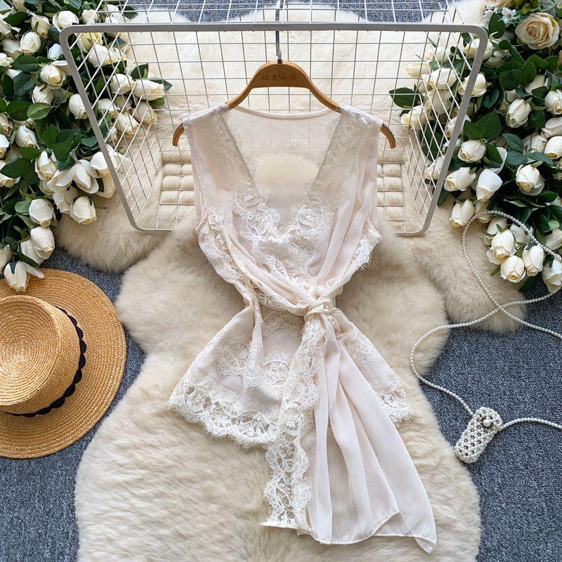 

Light Luxury French style Style Sleeveless Cross Collar Shirt Women Summer Lace Mesh Thin Design Beautiful Chic Top Fashion Apricot color One size
