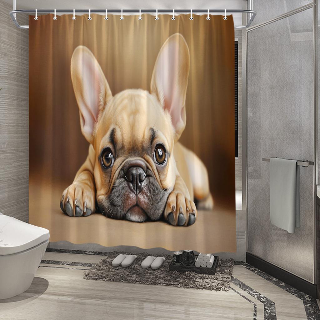 Realistic French Bulldog Shower Curtain - Detailed Texture & Lifelike Eyes, Light Tan & Warm Brown, Polyester, 12 Hooks