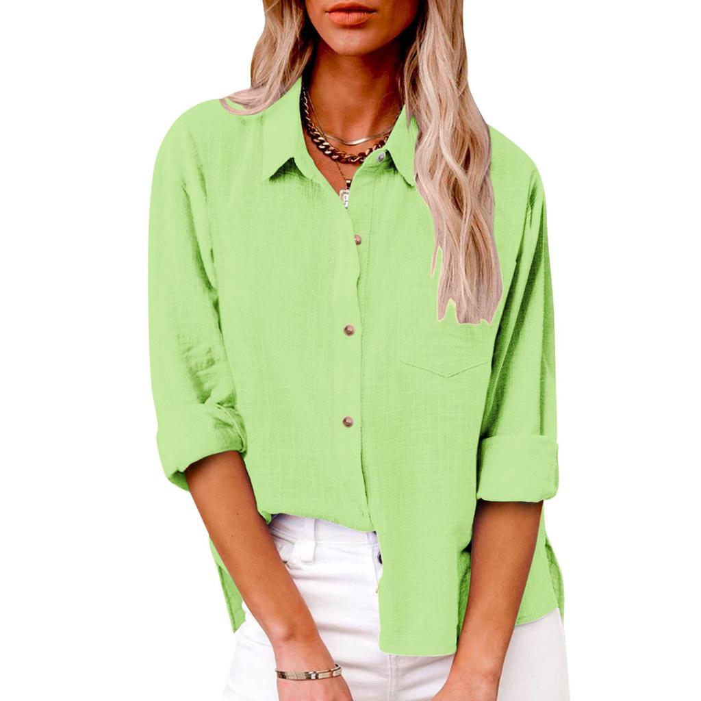 Autumn 2025 Women's Loose Fit Button-Up Cotton Linen Long Sleeve Top with Plain Color and Lapel