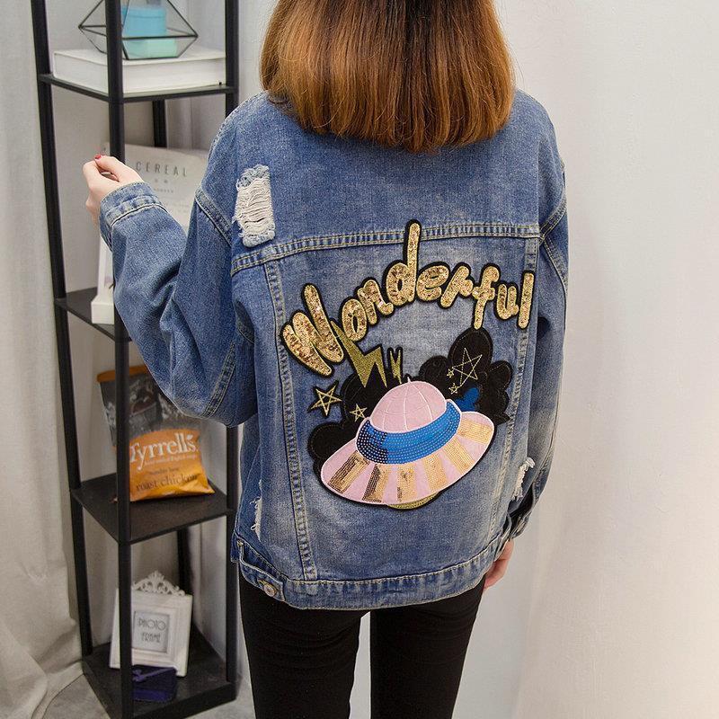 Plus Size Women's Spring/Fall Loose-Fit Denim Jacket – Age-Reducing Style for 200 Jin MM