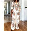 1116 Bohemian Print Cotton and Linen Shirt Wide-leg Pants Two-piece Set, Vacation Casual Suit Women Y1