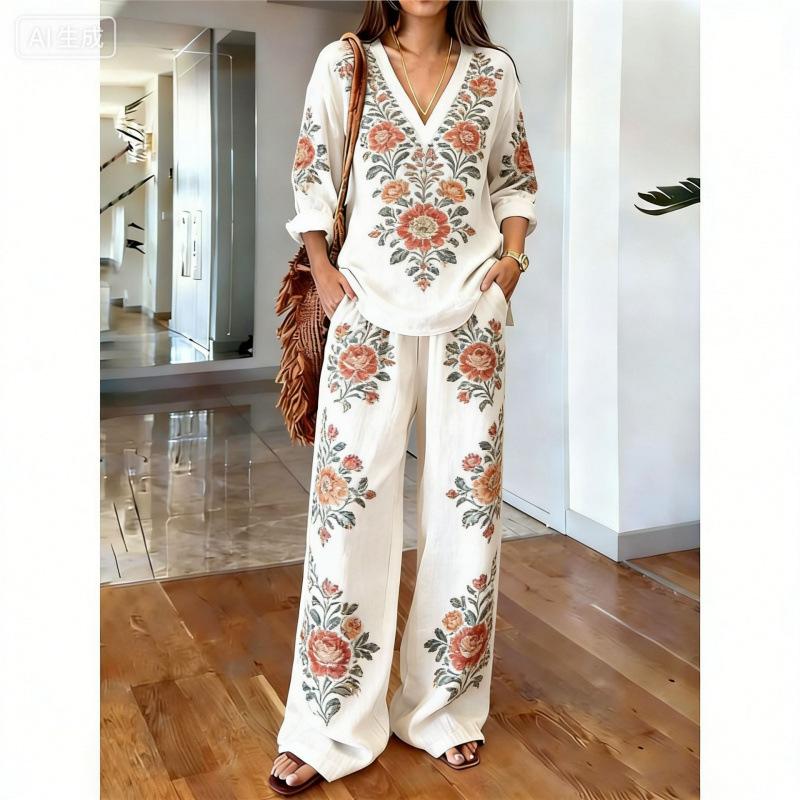 1116 Bohemian Print Cotton and Linen Shirt Wide-leg Pants Two-piece Set, Vacation Casual Suit Women Y1