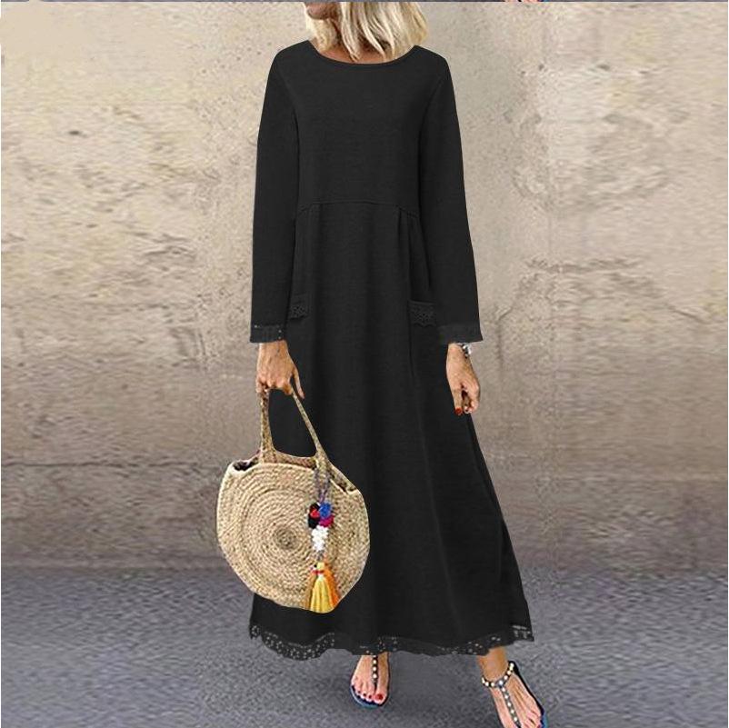 Women's Autumn and Winter Lace Fleece-lined Dress, Simple Plus Size Casual Long Dress