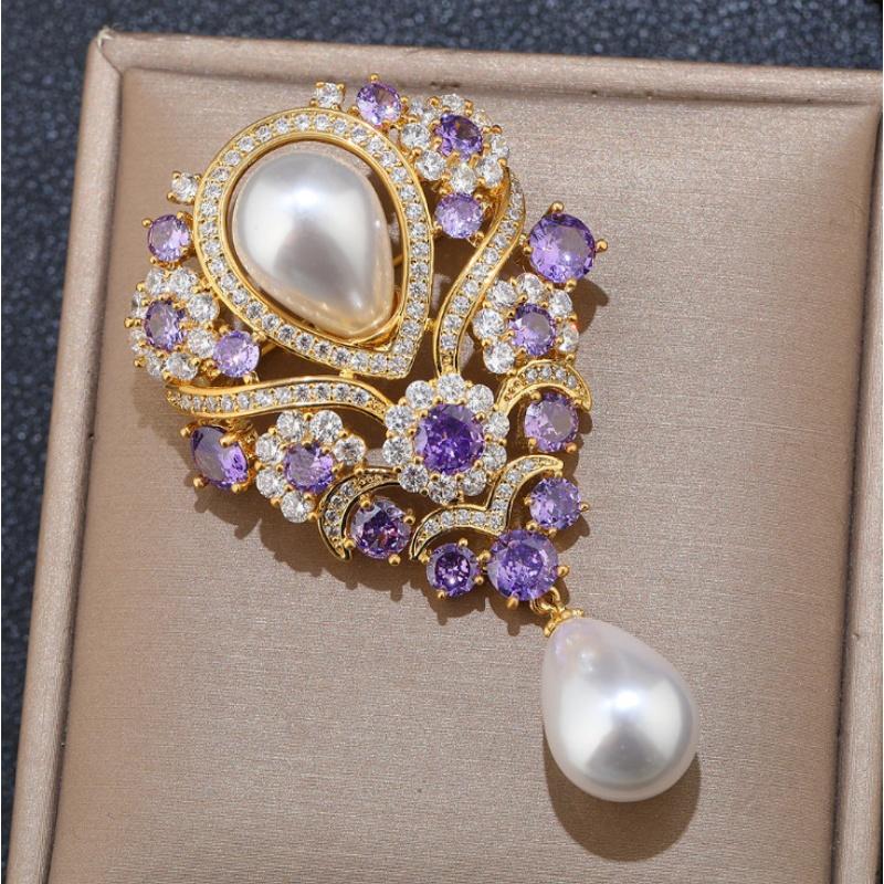 Fashionable Violet Pearl Pendant Luxurious Rhinestone Inlaid Brooch Charming Jewelry Accessories For Banquet Dresses Gifts